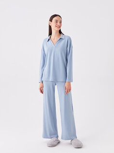 Однотонный женский пижамный комплект с воротником-поло и длинными рукавами LCW DREAM