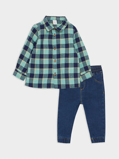 Комплект из 2 предметов: рубашка для мальчика с длинными рукавами и джинсовые брюки с клетчатым узором LCW baby, зеленый плед
