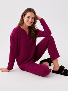 Однотонный женский пижамный комплект со свободным воротником и длинными рукавами LCW DREAM, фиолетовый