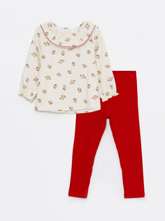 Комплект из 2 предметов: блузка и колготки для маленьких девочек с круглым вырезом, длинными рукавами и принтом LCW baby