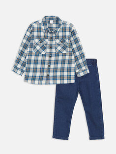 Комплект из 2 предметов: рубашка для мальчика с длинными рукавами и джинсовые брюки с клетчатым узором LCW baby, синий плед