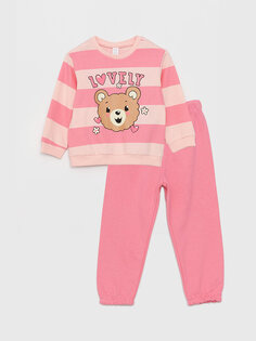 Комплект из 2 предметов: свитшот и брюки для маленьких девочек с круглым вырезом и принтом LCW baby, розовые полосы