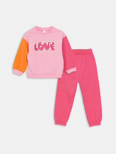 Комплект из 2 предметов: свитшот и брюки для маленьких девочек с круглым вырезом и принтом LCW baby, розовый