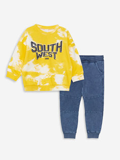Комплект из 2 предметов: свитшот и брюки для маленьких мальчиков с круглым вырезом и длинными рукавами с принтом LCW baby, желтый с принтом