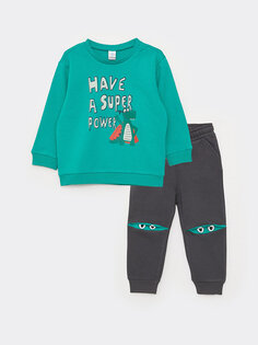 Комплект из 2 предметов: свитшот и брюки для маленьких мальчиков с круглым вырезом и длинными рукавами с принтом LCW baby, изумруд