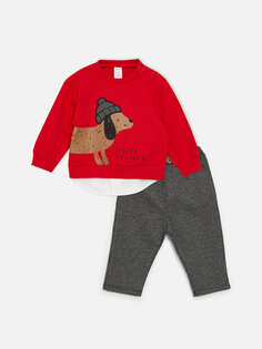 Комплект из 2 предметов: свитшот и брюки для маленьких мальчиков с круглым вырезом и длинными рукавами с принтом LCW baby, яркий красный