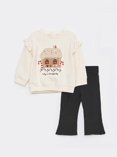 Комплект из 2 предметов: свитшот и колготки для маленьких девочек с круглым вырезом и длинными рукавами LCW baby, кремового цвета