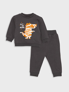 Комплект из 2 предметов: свитшот и брюки для маленьких мальчиков с круглым вырезом и длинными рукавами с принтом LCW baby, темно-серый