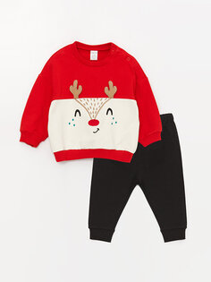 Комплект из 2 предметов: свитшот и брюки для маленьких мальчиков с круглым вырезом и длинными рукавами с принтом LCW baby, яркий красный