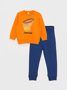 Комплект из 2 предметов: свитшот и брюки для маленьких мальчиков с круглым вырезом и длинными рукавами с принтом LCW baby, апельсин