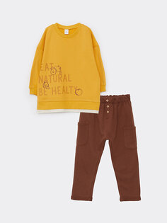 Комплект из 2 предметов: свитшот и брюки для маленьких мальчиков с круглым вырезом и длинными рукавами с принтом LCW baby, средний желтый