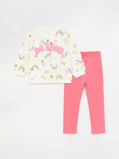 Комплект из 2 предметов: свитшот и колготки для маленьких девочек с круглым вырезом и длинными рукавами с принтом LCW baby, экрю с принтом
