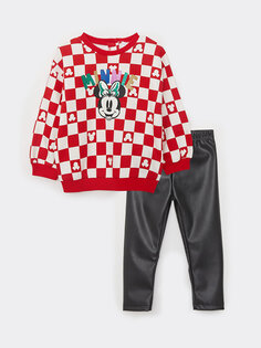 Комплект из 2 предметов: свитшот и колготки для маленьких девочек с круглым вырезом и длинными рукавами с принтом Минни Маус LCW baby, красный плед