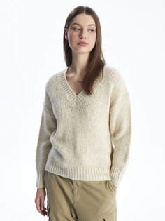 Однотонный женский трикотажный свитер с V-образным вырезом и длинными рукавами XSIDE, экрю