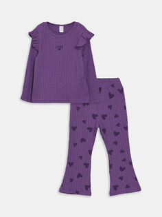 Комплект из 2 предметов: свитшот и колготки для маленьких девочек с круглым вырезом и длинными рукавами с принтом LCW baby, матовый фиолетовый
