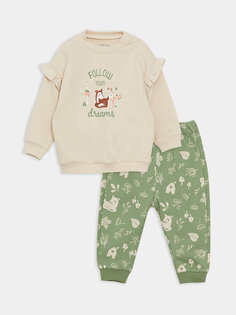 Комплект из 2 предметов: свитшот и спортивный костюм для маленьких девочек с круглым вырезом и длинными рукавами LCW baby, бежевый