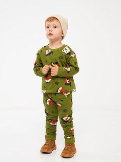 Комплект из 2 предметов: толстовка и спортивные штаны для маленьких мальчиков с круглым вырезом и длинными рукавами с принтом LCW baby, зеленый принт