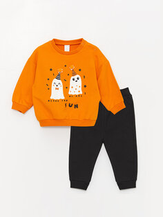 Комплект из 2 предметов: толстовка и спортивные штаны для маленьких мальчиков с круглым вырезом и длинными рукавами с принтом LCW baby, апельсин