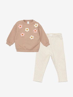 Комплект из 2 предметов: свитшот и колготки для маленьких девочек с круглым вырезом и длинными рукавами LCW baby, светло-коричневый