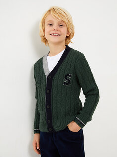 Трикотажный кардиган для мальчика с длинными рукавами и V-образным вырезом с вышивкой SOUTHBLUE, темно-зеленый