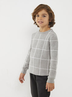 Трикотажный свитер в клетку с длинными рукавами и круглым вырезом для мальчика, комбинация для отца и сына LCW Vision