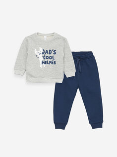 Комплект из 2 предметов: толстовка и спортивные штаны для маленьких мальчиков с круглым вырезом и длинными рукавами с принтом LCW baby, серый меланж