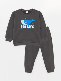 Комплект из 2 предметов: толстовка и спортивные штаны для маленьких мальчиков с круглым вырезом и длинными рукавами с принтом LCW baby, темно-серый