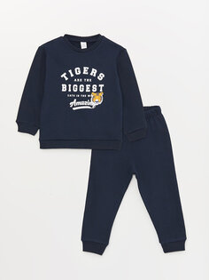 Комплект из 2 предметов: толстовка и спортивные штаны для маленьких мальчиков с круглым вырезом и длинными рукавами с принтом LCW baby, темно-синий