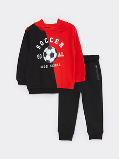 Комплект из 2 предметов: толстовка и штаны для мальчика с капюшоном и длинными рукавами с принтом LCW baby, яркий красный