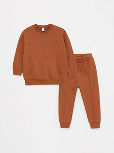 Комплект из 2 предметов: толстовка и спортивные штаны для маленьких мальчиков с круглым вырезом и длинными рукавами с принтом LCW baby, светло-коричневый