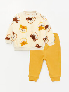 Комплект из 2 предметов: толстовка с длинными рукавами и спортивные штаны для маленьких мальчиков с круглым вырезом и принтом LCW baby, цвет камня
