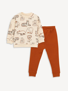 Комплект из 2 предметов: толстовка и спортивные штаны для маленьких мальчиков с круглым вырезом и длинными рукавами с принтом LCW baby, экрю с принтом