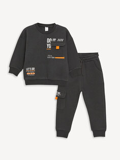Комплект из 2 предметов: толстовка с длинными рукавами и спортивные штаны для маленьких мальчиков с круглым вырезом и принтом LCW baby, антрацит