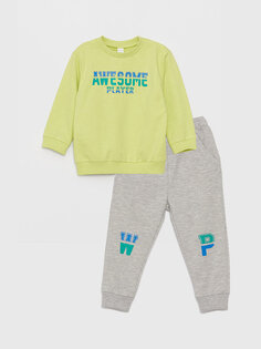 Комплект из 2 предметов: толстовка и спортивные штаны для маленьких мальчиков с круглым вырезом и длинными рукавами с принтом LCW baby, фисташковый зеленый