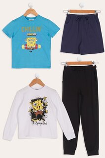 Комплект из 4 предметов: темно-синяя футболка, шорты и брюки с принтом «Губка Боб» For You Kids