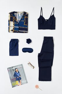Комплект из 6 атласных рубашек с цепочным узором и бюстье темно-синего цвета с низом FOR YOU MODA