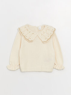 Трикотажный свитер для маленьких девочек с воротником и длинными рукавами с рисунком LCW baby, кремового цвета