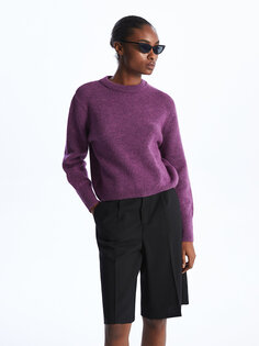 Однотонный женский трикотажный свитер с круглым вырезом и длинными рукавами LCW Vision, матовый фиолетовый