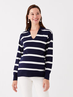 Трикотажный свитер для беременных в полоску с воротником-поло и длинными рукавами LCWAIKIKI Maternity, темно-синий в полоску