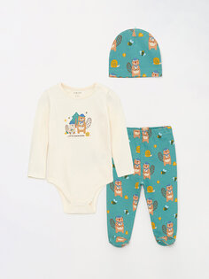 Комплект из трех предметов: брюки и берет для маленьких мальчиков с круглым вырезом и принтом LCW baby, кремового цвета