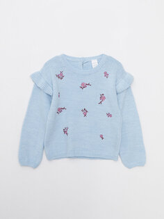 Трикотажный свитер для маленьких девочек с круглым вырезом и длинными рукавами с вышивкой LCW baby, светло-синий