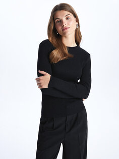 Однотонный женский трикотажный свитер с круглым вырезом и длинными рукавами LCWAIKIKI Basic, черный блеск