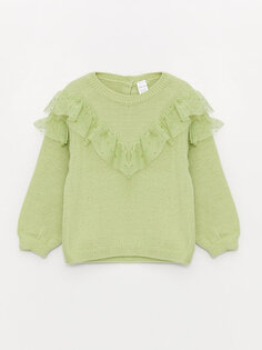 Трикотажный свитер для маленьких девочек с круглым вырезом и длинными рукавами с рюшами LCW baby, светло-зеленый