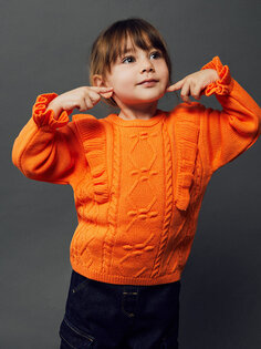 Трикотажный свитер для маленьких девочек с круглым вырезом и узором LCW baby, яркий оранжевый