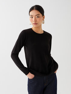Однотонный женский трикотажный свитер с круглым вырезом и длинными рукавами LCWAIKIKI Basic, новый черный