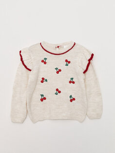 Трикотажный свитер для маленьких девочек с круглым вырезом и длинными рукавами с вышивкой LCW baby, кремового цвета