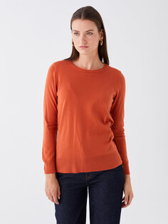 Однотонный женский трикотажный свитер с круглым вырезом и длинными рукавами LCWAIKIKI Basic, матовый оранжевый