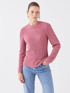 Однотонный женский трикотажный свитер с круглым вырезом и длинными рукавами LCWAIKIKI Basic, сушеный розовый меланж