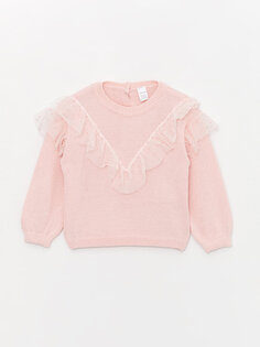 Трикотажный свитер для маленьких девочек с круглым вырезом и длинными рукавами с рюшами LCW baby, розовый