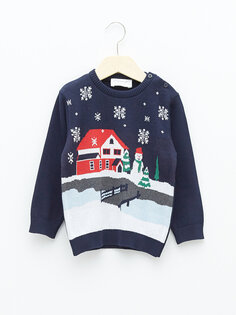 Трикотажный свитер для маленьких мальчиков с круглым вырезом и длинными рукавами в новогодней тематике LCW baby, темно-синий жаккард